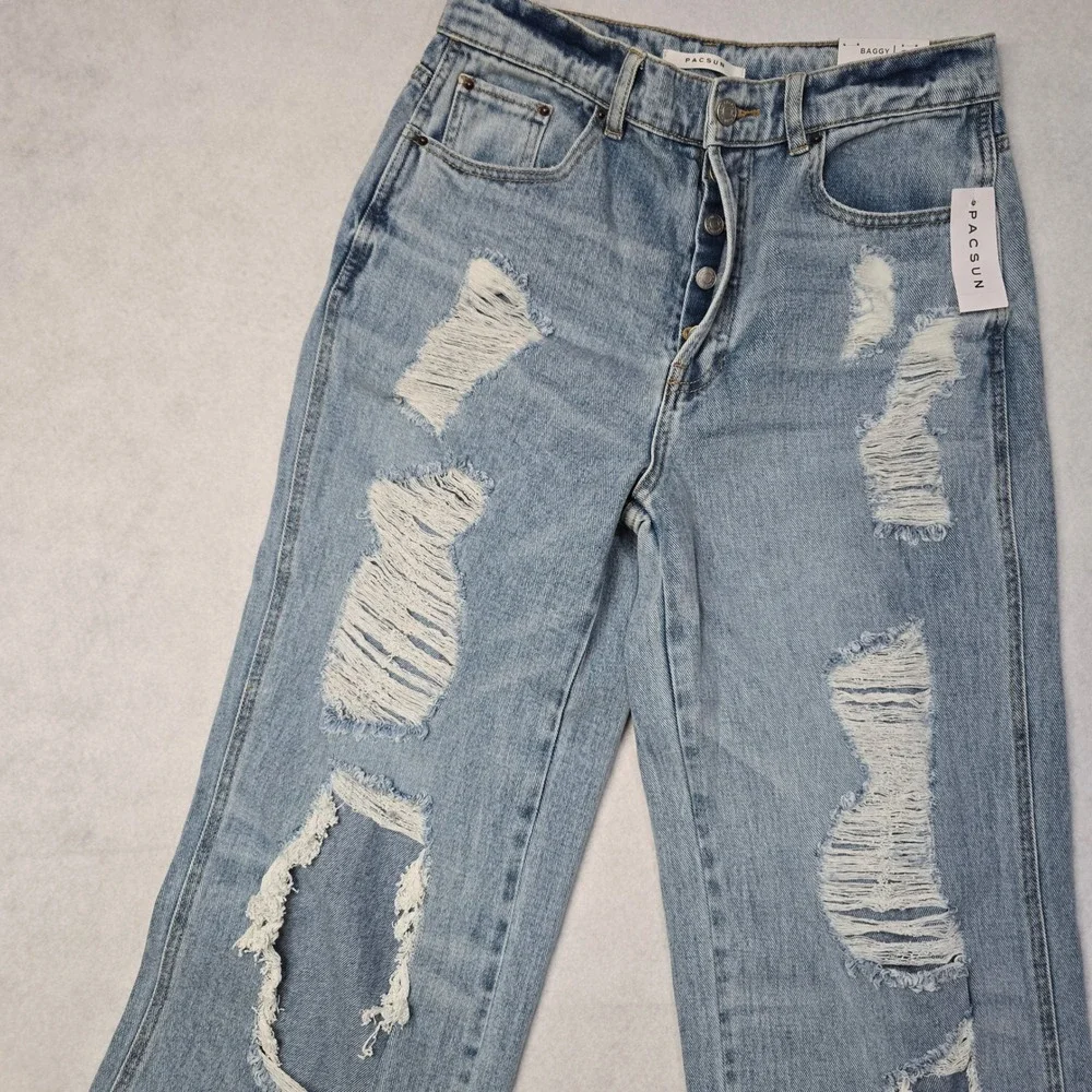 PacSun Baggy Jeans Kia Wash Distressed Ripped High Waisted Blue Denim 29